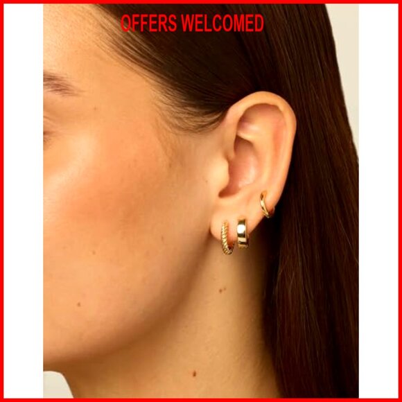 14K Gold Plated 925 Sterling Silver Hoop Earrings Set for Women - Picture 2 of 6